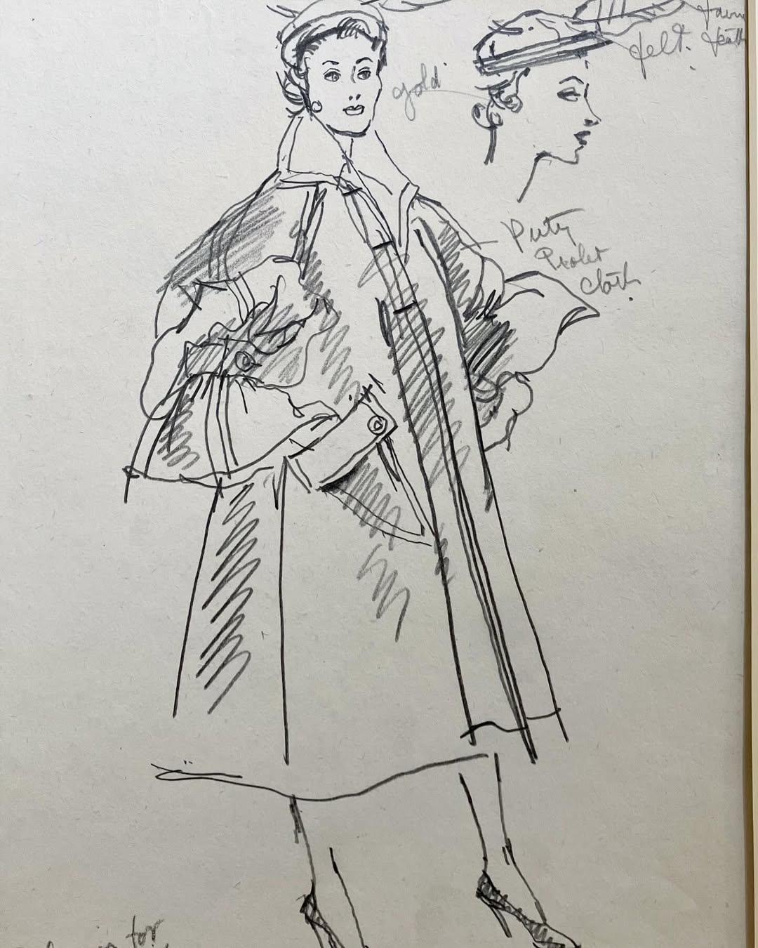 Illustration by Muriel Pemberton of a coat by Balmain, 1951